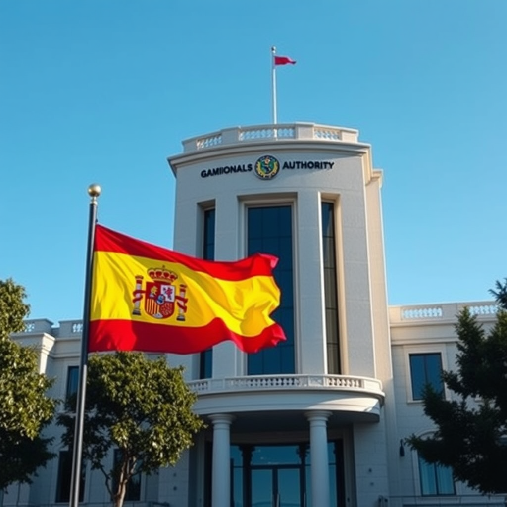 Edificio de la autoridad reguladora de juegos de España con la bandera española ondeando, representando las nuevas medidas de protección al jugador implementadas en 2024