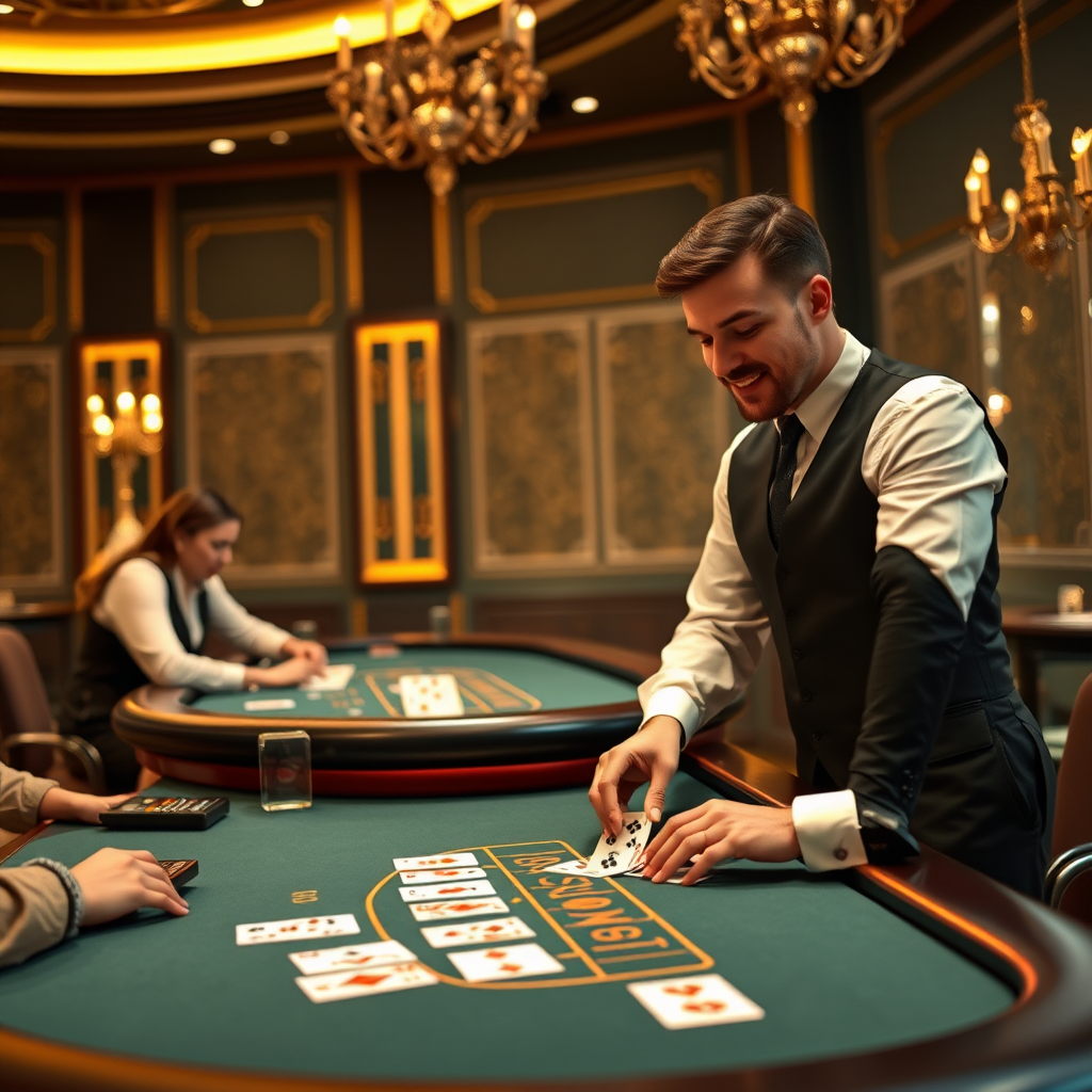 Mesa de casino en vivo con dealer profesional repartiendo cartas de blackjack, ambiente elegante con luces doradas y jugadores conectados desde España