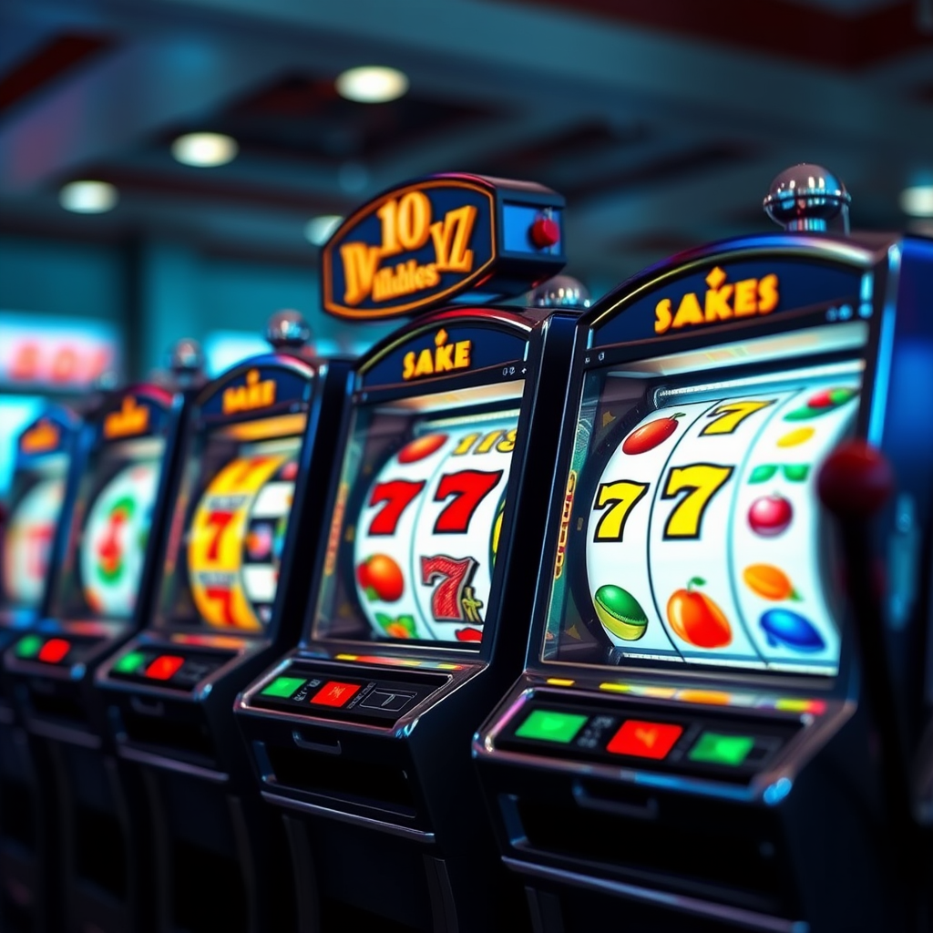 Máquinas tragamonedas con rodillos girando y símbolos coloridos de frutas y números