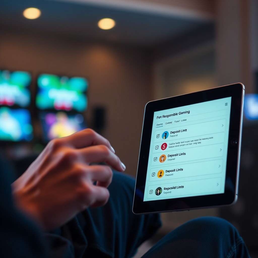 Persona configurando límites de depósito en una tablet, mostrando herramientas de juego responsable en un ambiente tranquilo