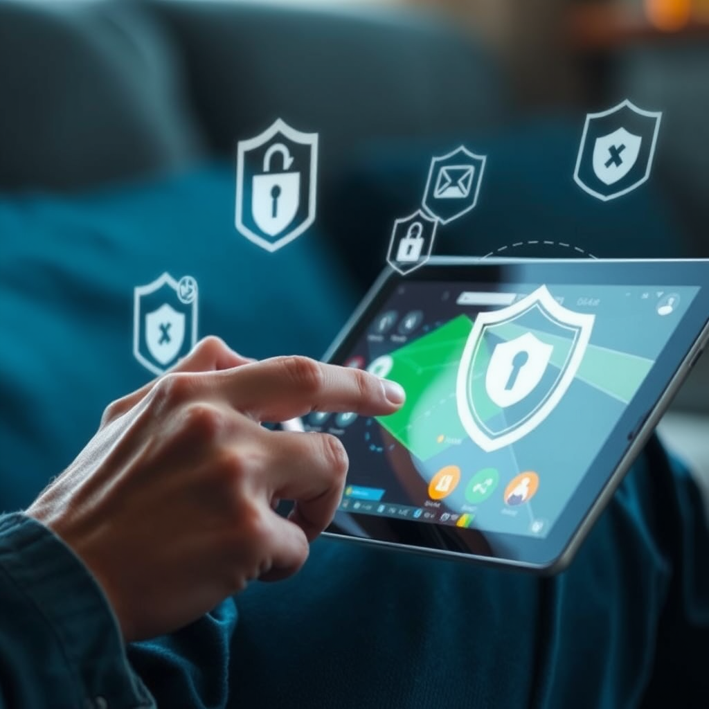 Persona usando una tablet para jugar online de forma segura, con iconos de seguridad y protección flotando alrededor, representando las nuevas medidas de protección al jugador