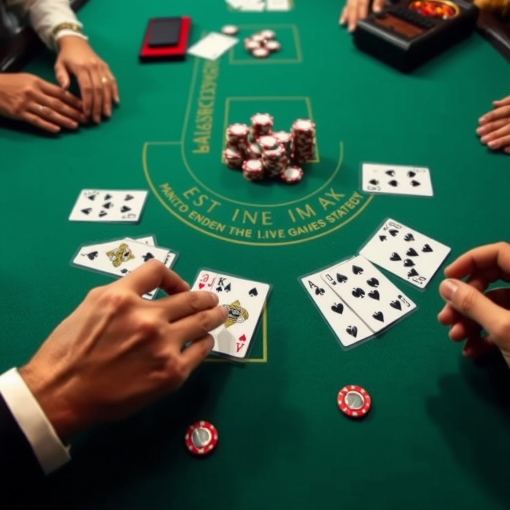 Mesa de blackjack con cartas distribuidas, fichas de casino y manos de jugador mostrando estrategia básica