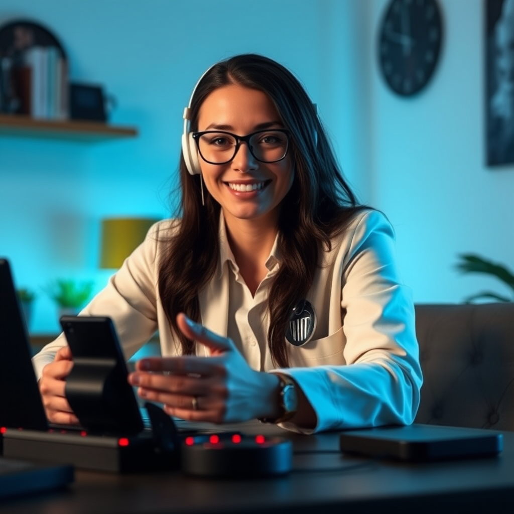 Profesional de la salud mental realizando una consulta online sobre juego responsable, ambiente profesional y acogedor