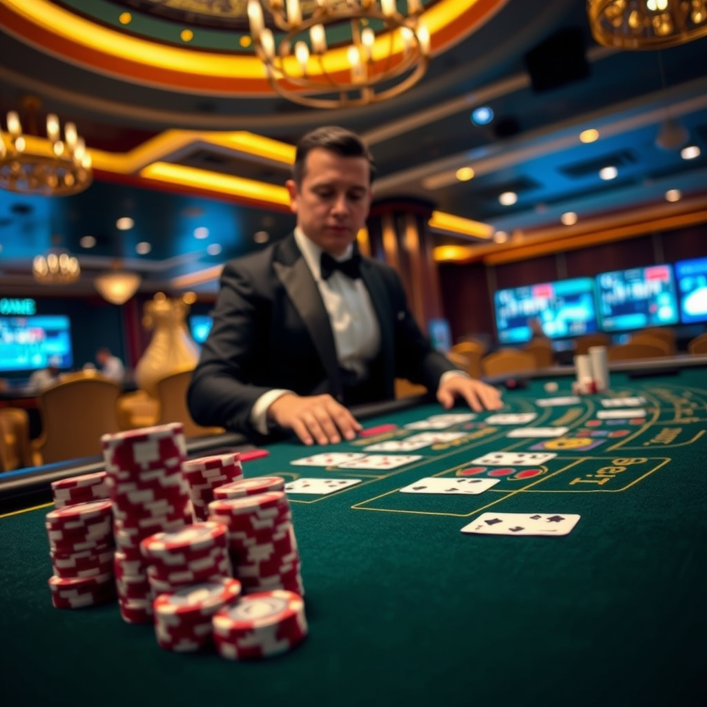 Imagen de juegos de casino en vivo mostrando una mesa de blackjack con cartas, fichas de casino y un crupier profesional en un ambiente elegante de casino con luces doradas