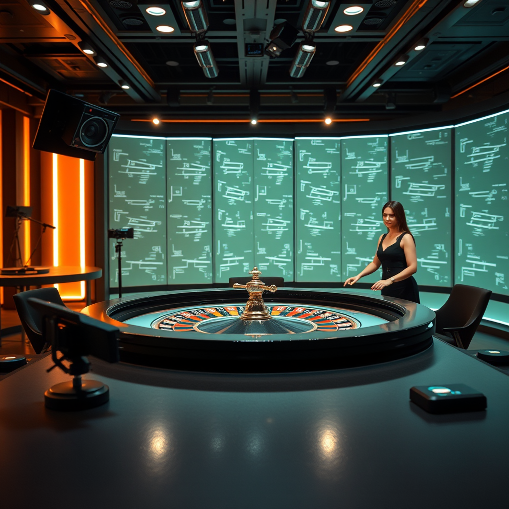 Mesa de ruleta inmersiva con múltiples cámaras, efectos visuales avanzados y dealer elegante en estudio de alta tecnología