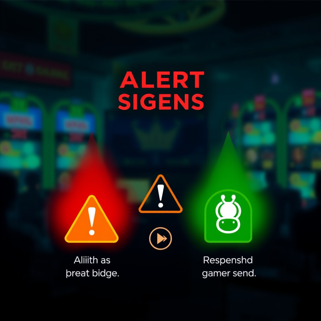 Representación gráfica de señales de alerta en el juego, con iconos de advertencia y símbolos de juego responsable