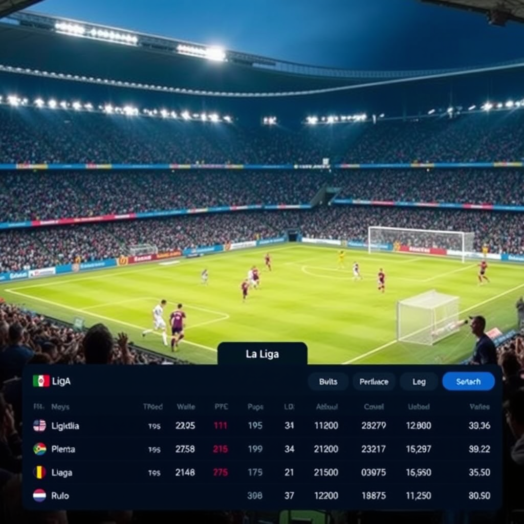 Imagen de apuestas deportivas de La Liga mostrando un estadio de fútbol lleno, jugadores en acción, y una interfaz de apuestas deportivas con estadísticas y cuotas en primer plano