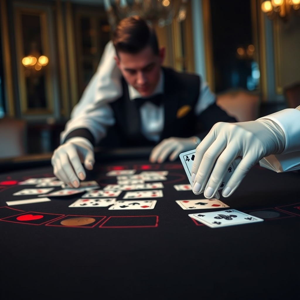 Mesa de baccarat elegante con cartas siendo reveladas lentamente, ambiente sofisticado y dealer con guantes blancos
