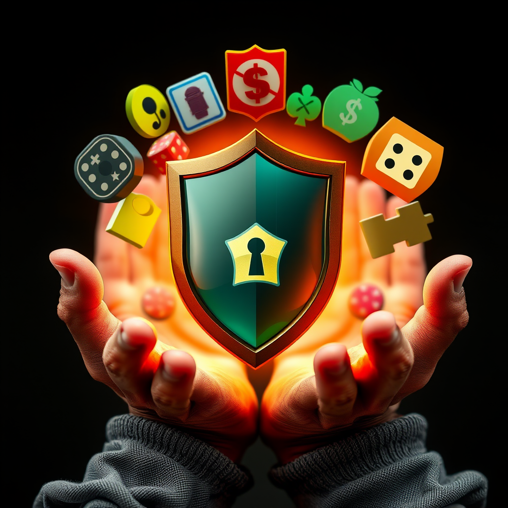 Imagen de manos protectoras rodeando símbolos de juego con un escudo de seguridad, representando el apoyo al juego responsable y herramientas de control