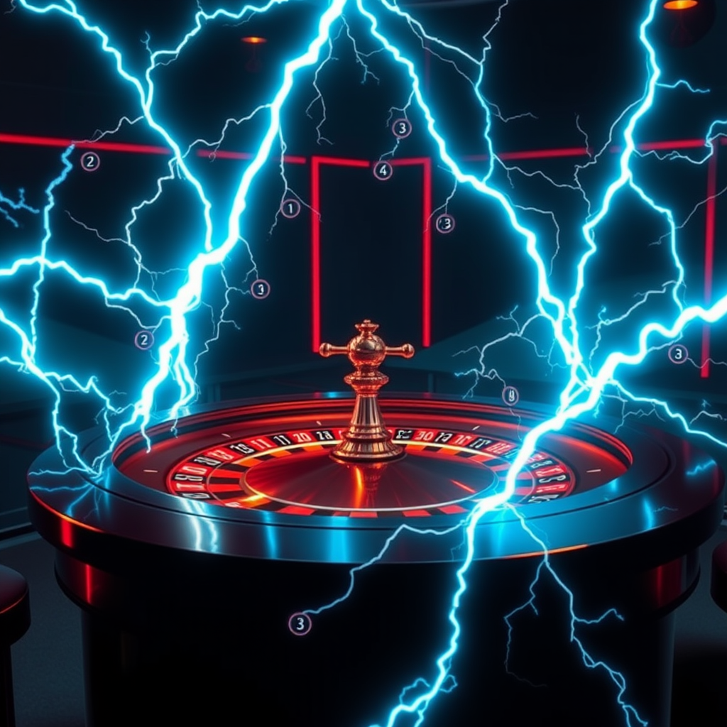 Mesa de Lightning Roulette con efectos eléctricos espectaculares, números iluminados con multiplicadores y ambiente futurista