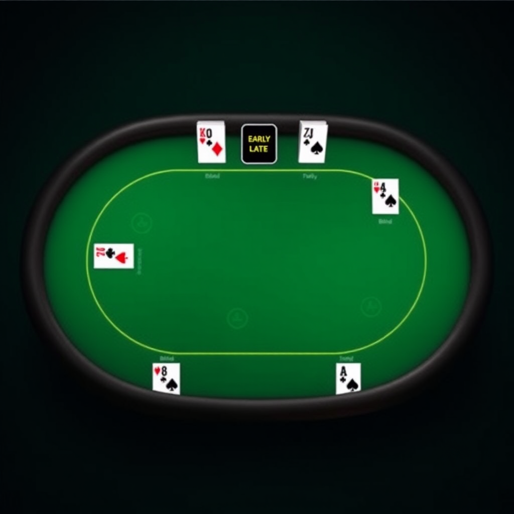 Diagrama de mesa de póker mostrando las diferentes posiciones: botón, ciegas, posición temprana, media y tardía